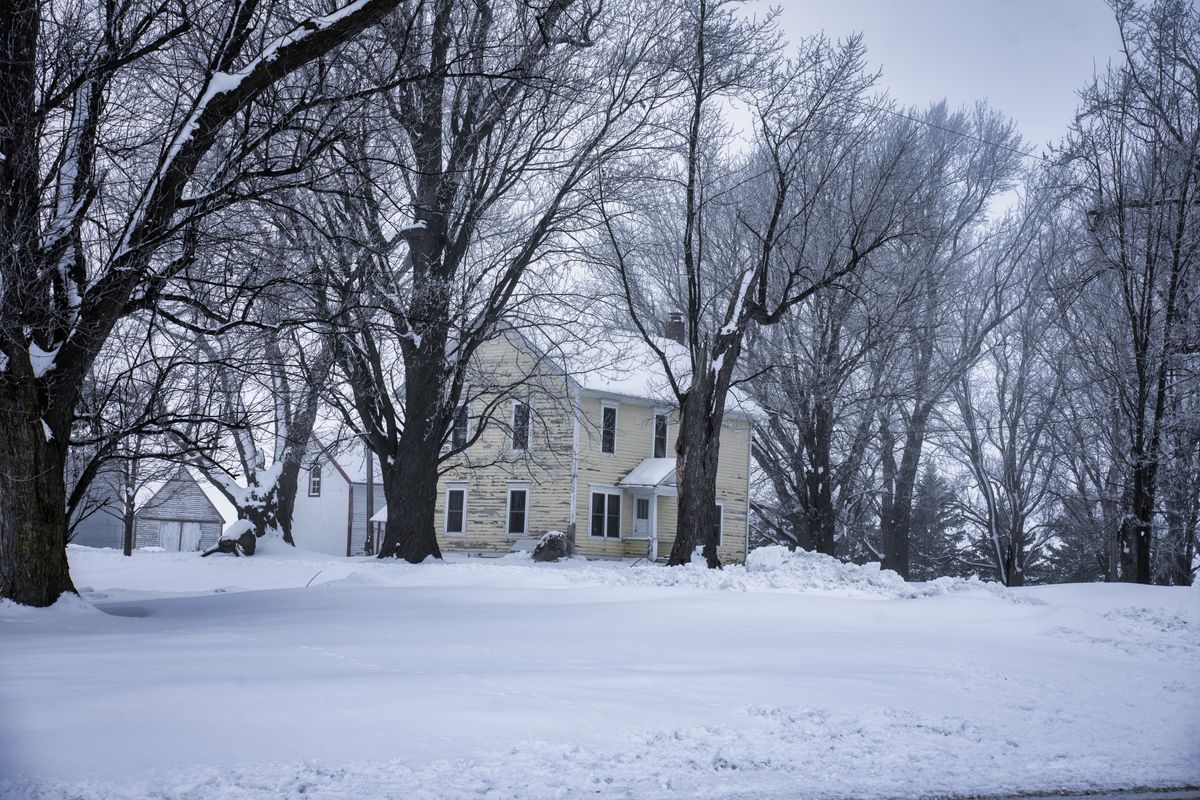 Rural Minnesota home surrounded by snow-covered trees in winter